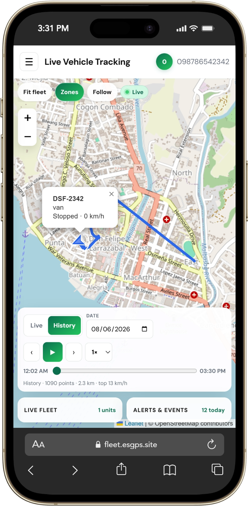 Route history playback on mobile — timeline and fleet alerts
